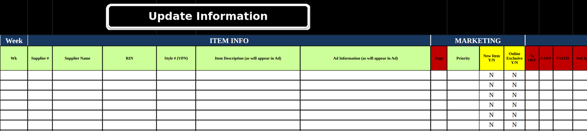 Ad Bible sheet left side: Update Information button, Week and Item Info columns, Marketing columns